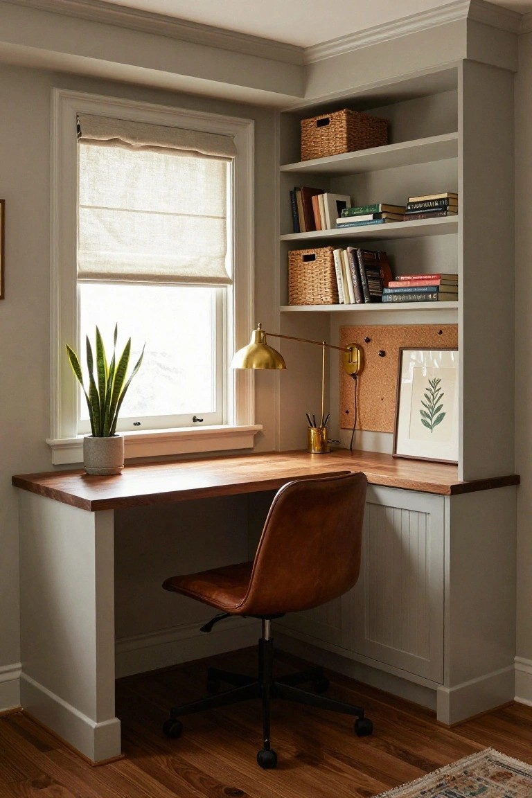 Corner home office built-in with wooden desk top, gray cabinets and shelves stocked with books and baskets, gold desk lamp, potted snake plant by window with linen shade, and tan leather desk chair on wood floor.