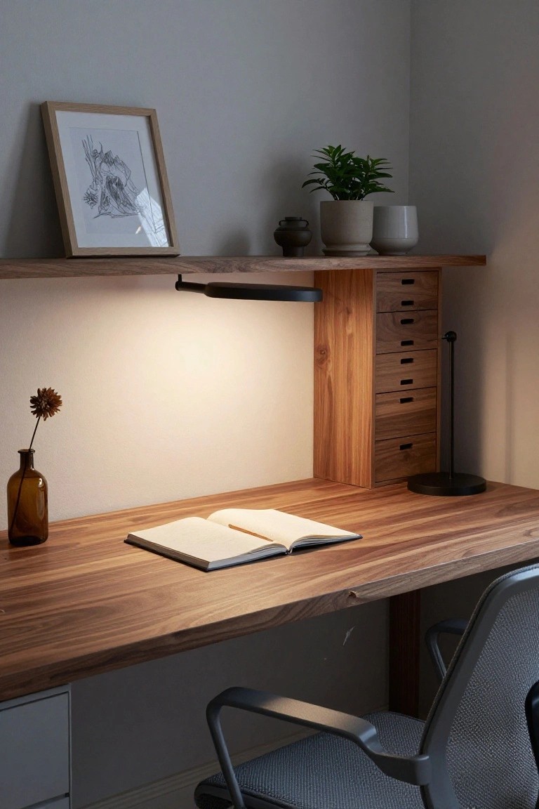A corner home office with a wooden built-in desk, overhead floating shelves holding plants and pottery, side drawers and cabinet, integrated task light, open notebook on desk surface, amber vase, and mesh office chair.