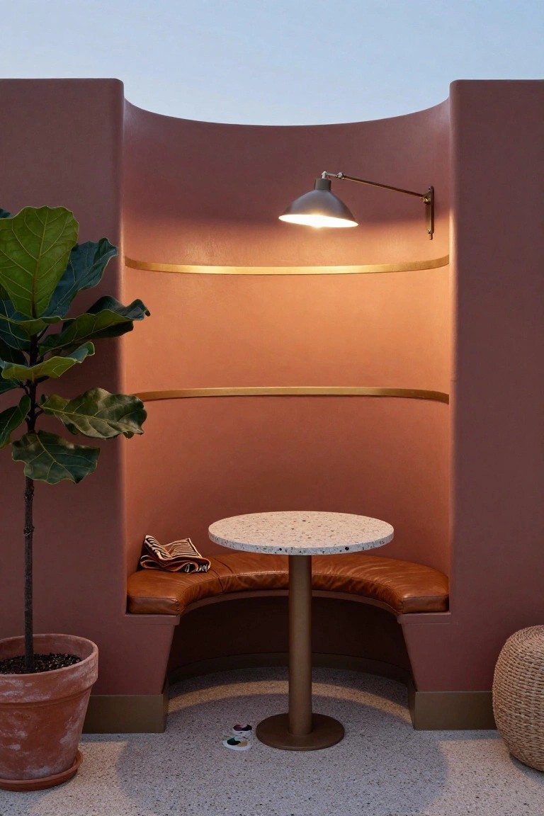 Curved peach-colored wall with built-in leather bench seating around a small round terrazzo table on brass pedestal, wall-mounted lamp lit above, fiddle leaf fig plant in terracotta pot nearby, and woven pouf on terrazzo floor.