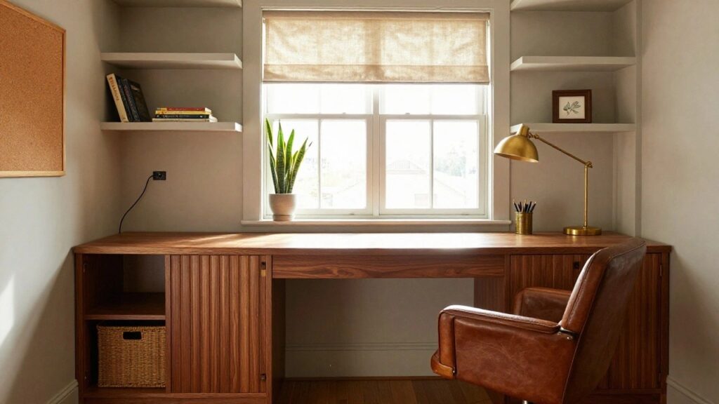 Corner home office built-in with wooden desk top, gray cabinets and shelves stocked with books and baskets, gold desk lamp, potted snake plant by window with linen shade, and tan leather desk chair on wood floor.