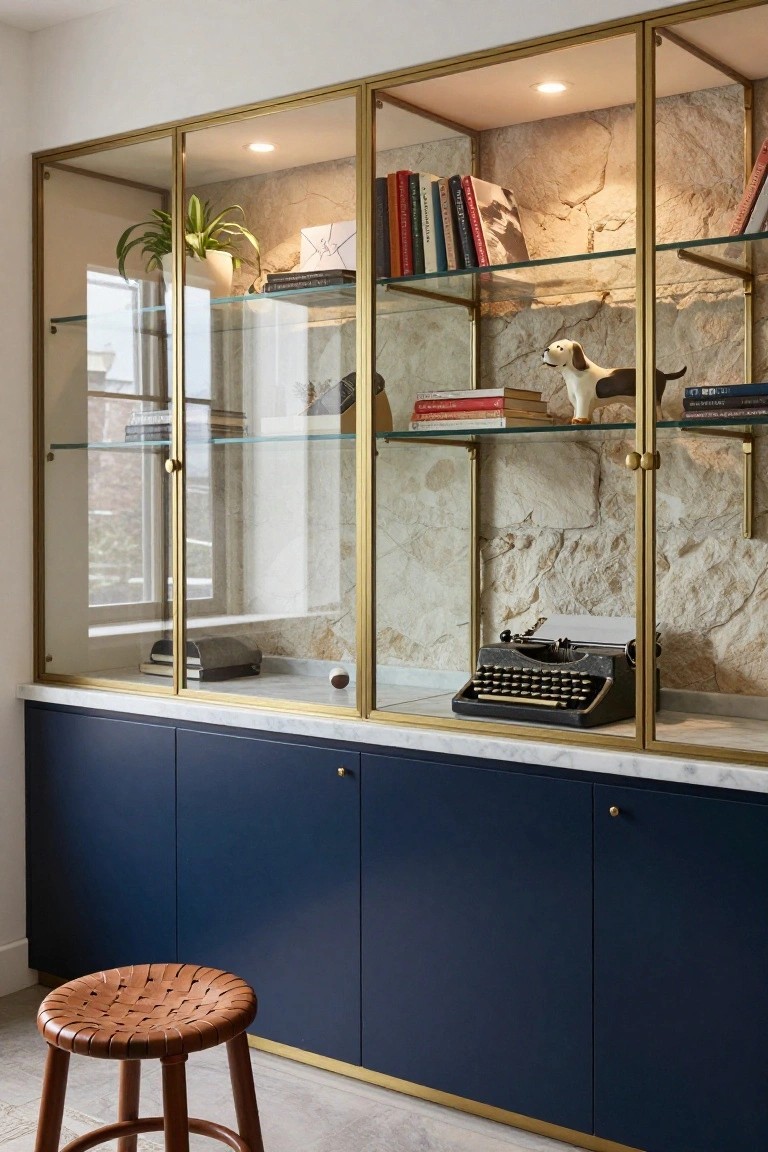 Tall brass-framed glass display cabinets against a textured stone wall, filled with books, a plant, dog figurine, and typewriter on marble top above navy base cabinets, with a leather stool nearby.