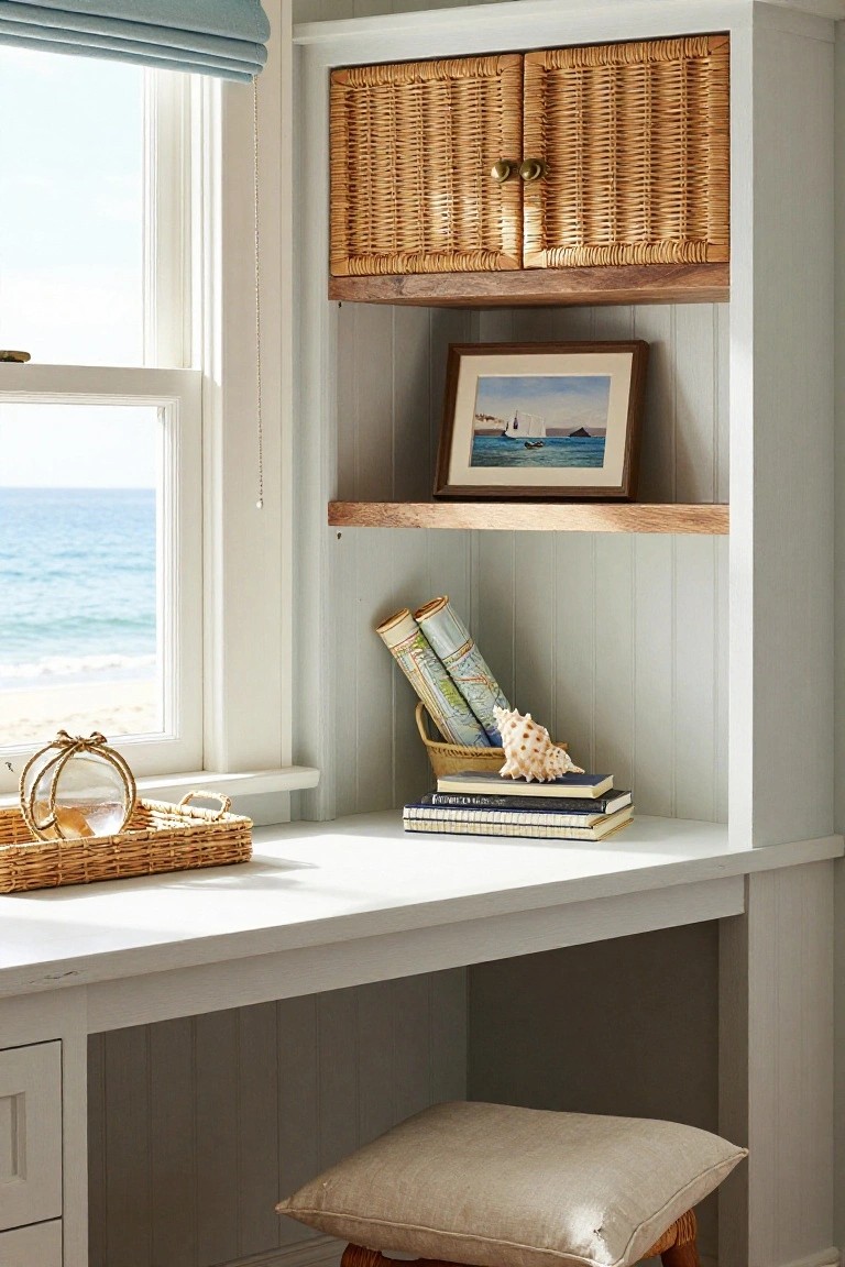 White built-in desk and open shelving unit next to a window overlooking the ocean, with upper wicker-door cabinets, wooden accent shelf, stacked books, rolled maps in a basket, seashell, and cushioned stool nearby.