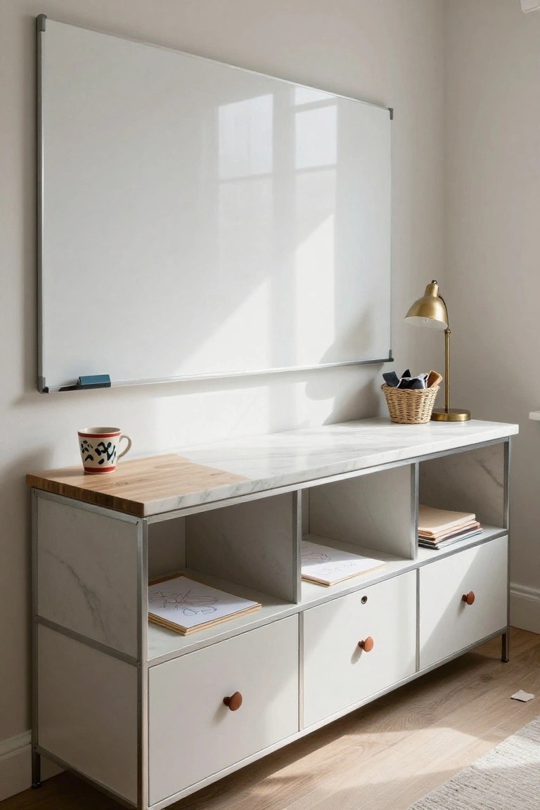 Home office corner with a large wall-mounted whiteboard, gold desk lamp, woven basket holding cloths, red-rimmed mug on wooden board atop white marble counter of metal-framed shelving unit with drawers and cubbies.