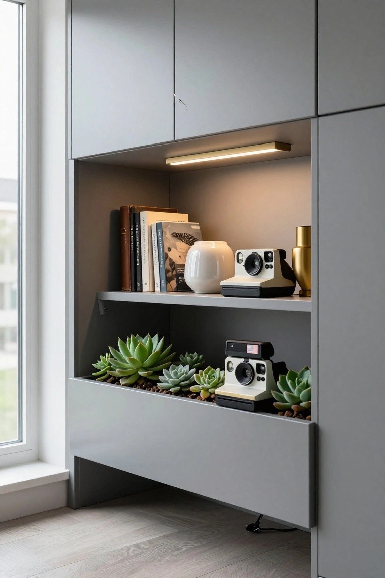 Gray built-in cabinet with upper open shelves holding books, white vase, Polaroid cameras, and gold vase, plus lower planter box with various succulents, LED strip light above shelves, positioned by a window on light wood floor.