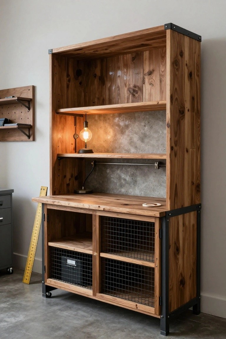 Tall wooden built-in unit featuring open shelves, integrated desk with wooden top, lower cabinets with wire mesh doors, and black metal framing on casters in a home office.