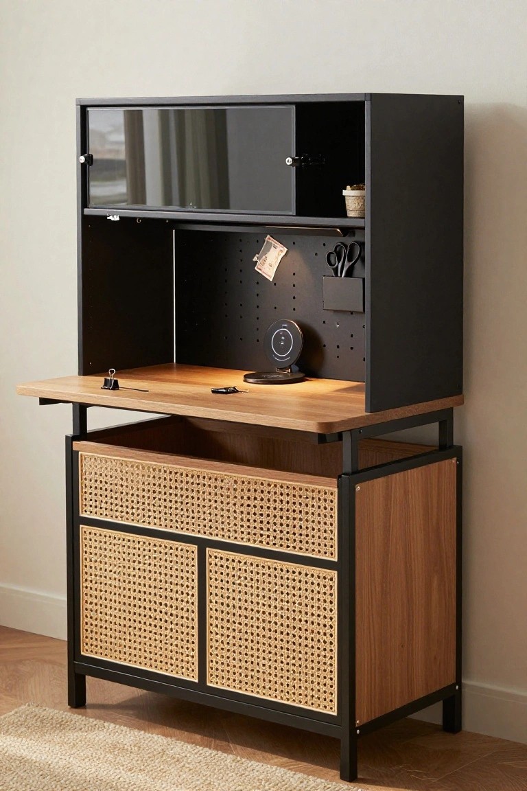 Black metal and wood home office cabinet with fold-down oak desk surface, rattan-front drawers, upper glass-door cabinet, pegboard panel, and wireless charger on a beige wall.