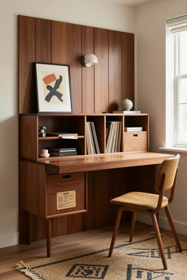 Walnut wood built-in desk with integrated shelving and storage drawers mounted against a matching vertical wood-paneled wall in a home office, featuring a yellow chair, art print, books, and records.