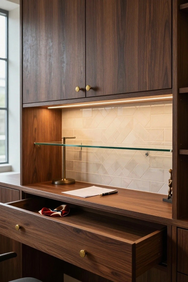 Close-up of open walnut wood built-in home office desk with drawer containing a red and blue pocket square pulled out, adjacent illuminated niche with beige herringbone tile backsplash, glass shelf, brass lamp, notebook on desk, and bronze sculpture.