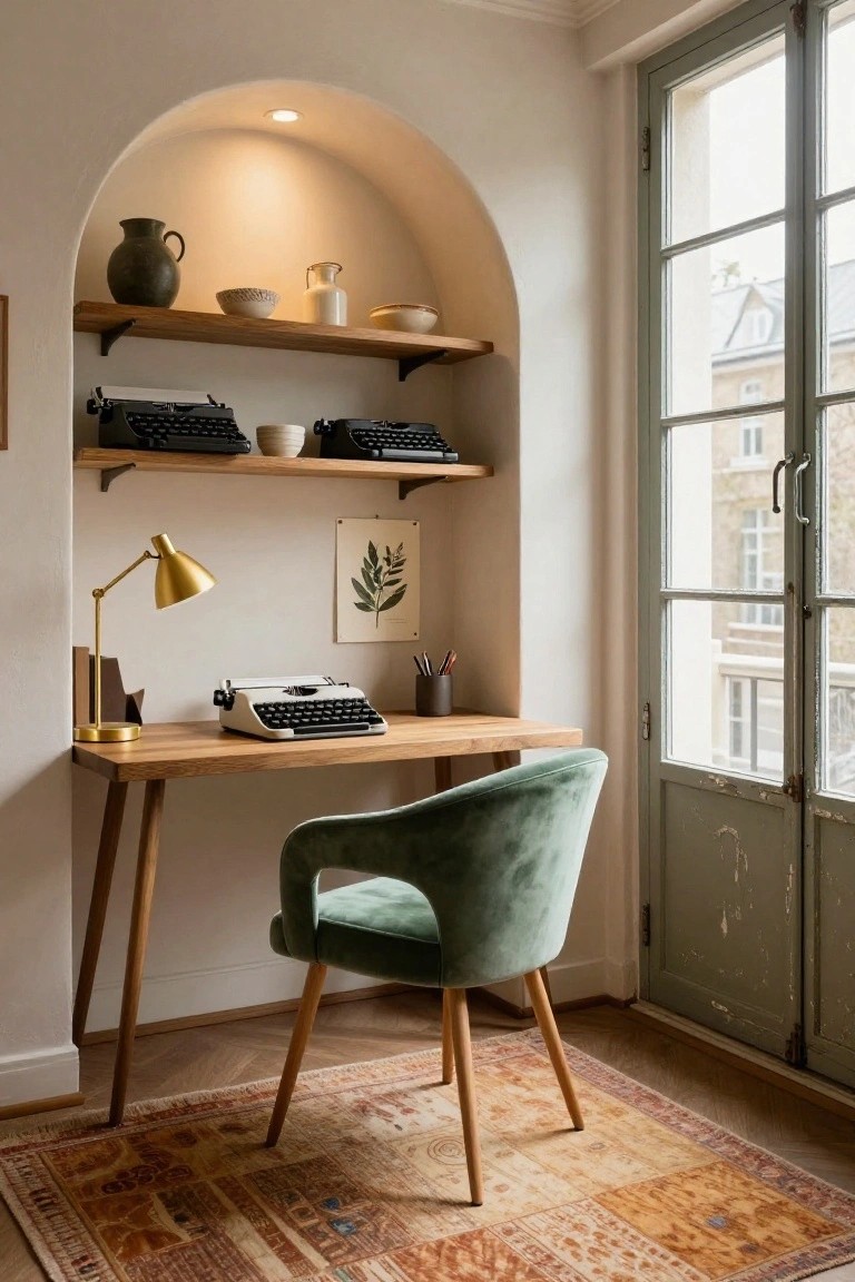 Home office with wooden desk holding typewriter and lamp, green velvet armchair, arched wall niche with wooden shelves displaying typewriters ceramics and vase, beside tall French doors with view of buildings.