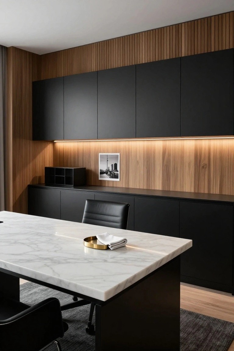 Modern home office with matte black upper and lower cabinets, vertical wood slat wall paneling, white marble desk, black leather chair, and LED strip lighting above cabinets.