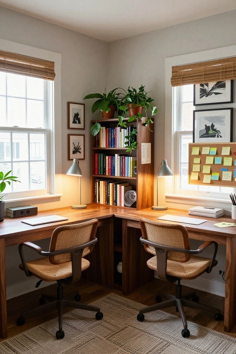 Corner home office with two wooden L-shaped desks integrated into built-in walnut bookshelves filled with colorful books and potted plants, rattan chairs, desk lamps, windows with bamboo shades, and a corkboard on the wall.