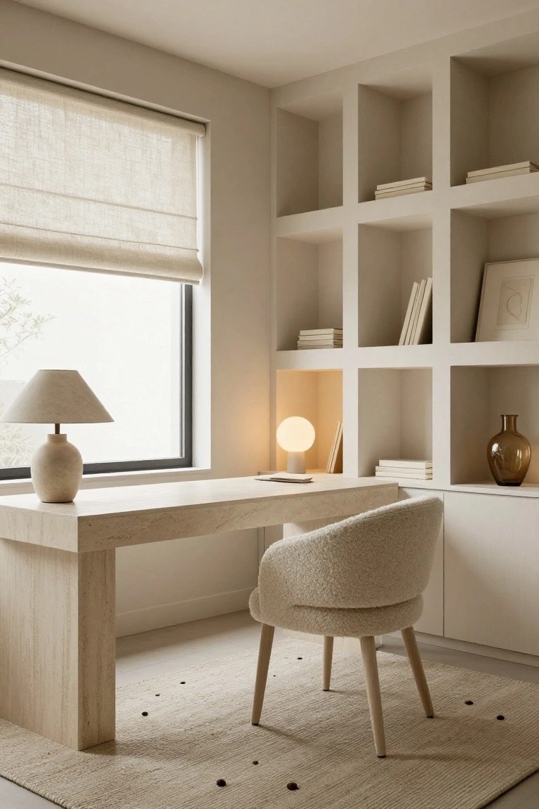 A light beige home office corner featuring recessed white cube shelving around a large window with linen shade, a light stone desk with chair, two ceramic lamps, books on shelves, and a glass vase.