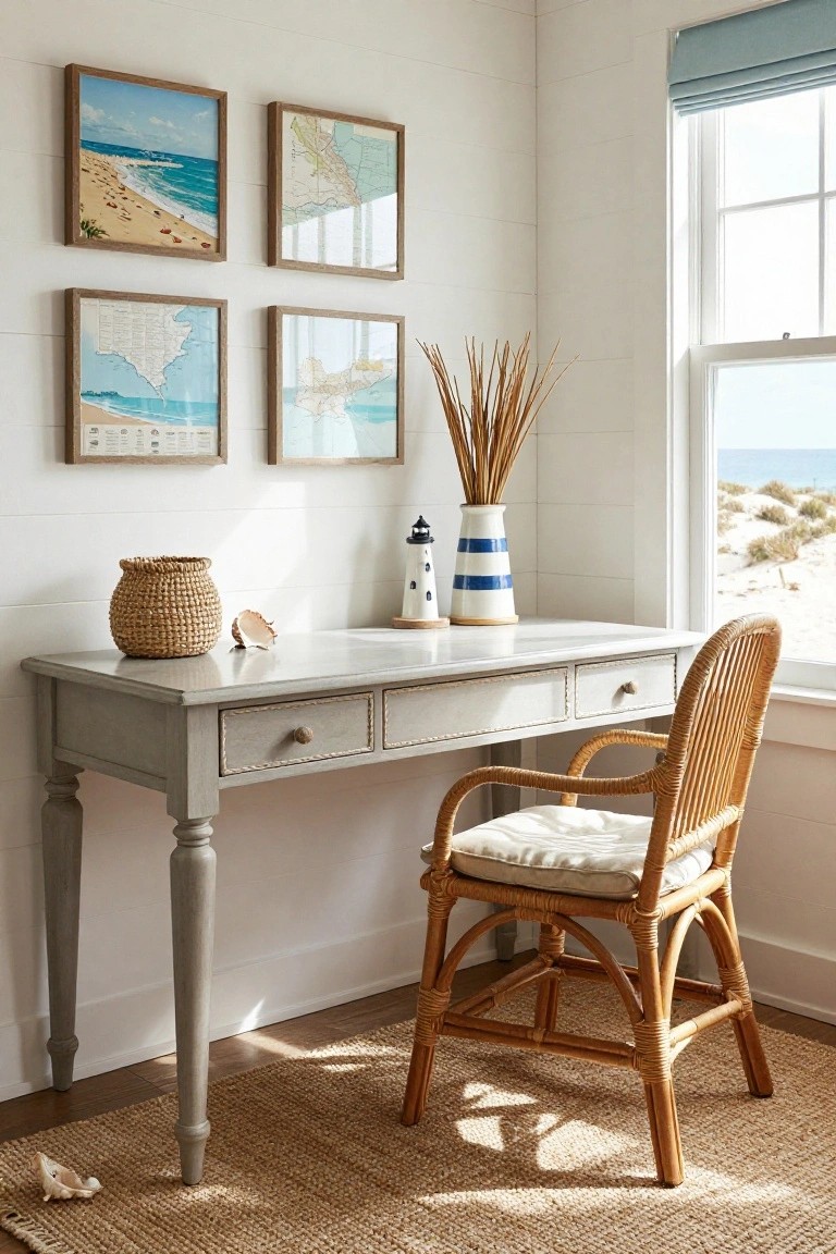 Corner home office featuring white shiplap walls, four framed beach and map artworks, slim white desk with rattan chair, lighthouse figurine, striped vase with dried grass, woven basket, and window view of ocean and dunes.