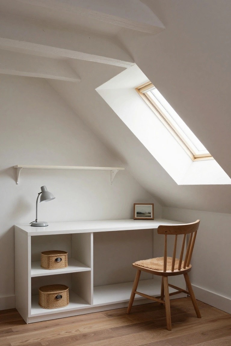 White desk with open shelving holding two round wicker baskets on lower shelves, gray adjustable lamp, small framed picture, and wooden chair with sheepskin cushion in white attic room with sloped ceilings and skylight.
