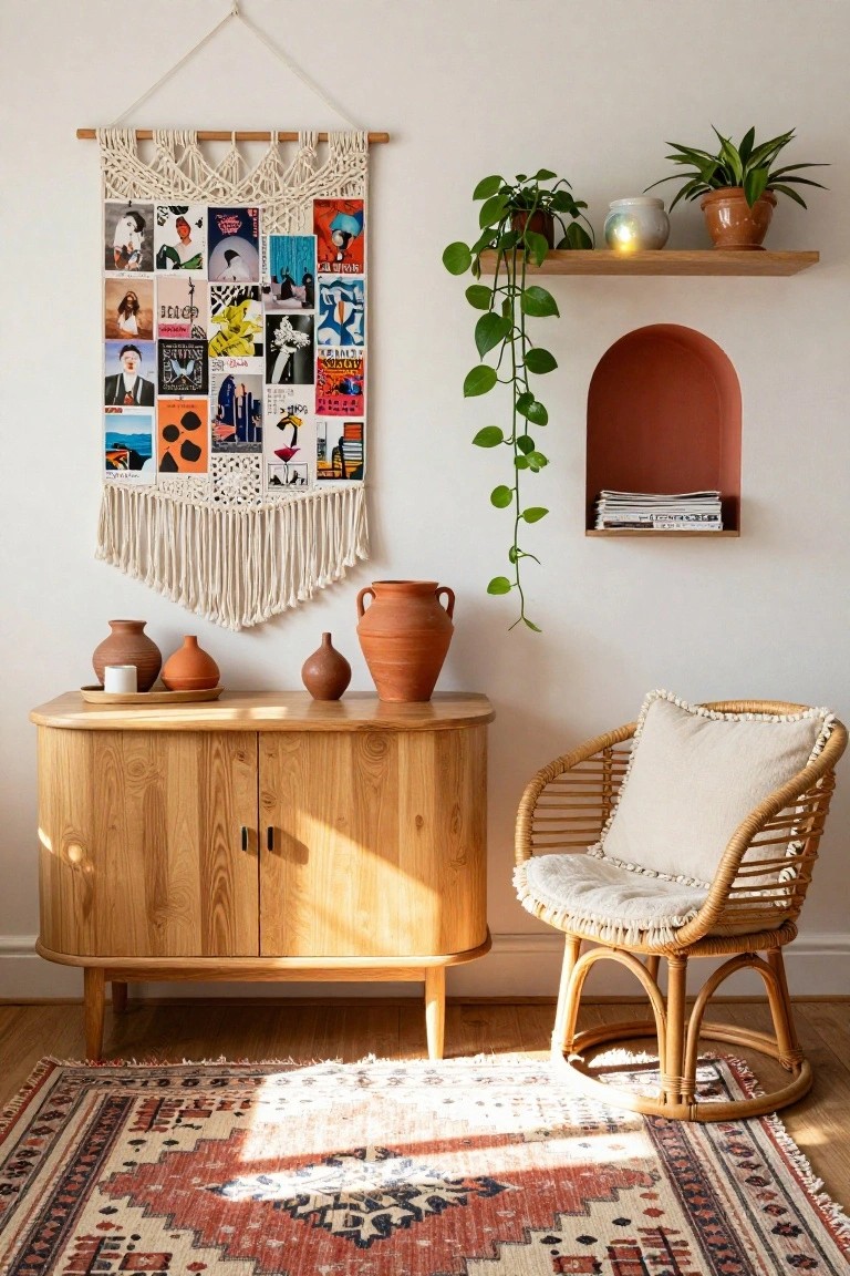 A home office corner featuring a curved wooden credenza with terracotta pots and vases on top, a large white macrame wall hanging displaying a collage of photos and art prints, hanging and potted plants on wooden shelves, a rattan armchair with white cushion, and a red and white patterned rug on the floor.