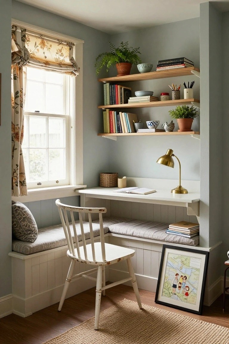 Corner indoor home office with built-in white wooden desk and cushioned bench seat by a curtained window, wooden floating shelves holding books plants and pottery, gold desk lamp, and white chair.