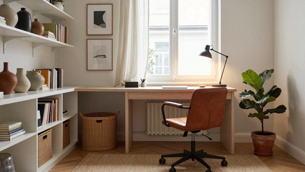 Bright corner home office with light oak desk, tan leather swivel chair on casters, white floating shelves holding books and white ceramic vases, black desk lamp, potted ficus in orange pot, woven basket, and beige seagrass rug.