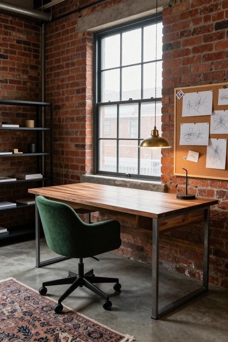 Home office in room with exposed brick walls, wooden desk on metal legs, green upholstered swivel chair, black metal shelves with books, corkboard with sketches, brass pendant lamp, and patterned rug on concrete floor.