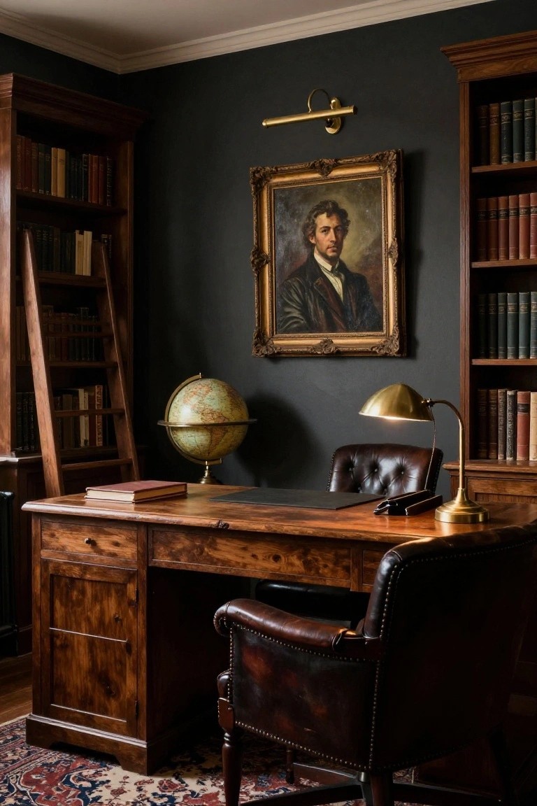 Dark green-walled home office featuring tall wooden bookshelves with ladder, antique portrait painting, globe, wooden desk, leather armchair, and brass desk lamp.
