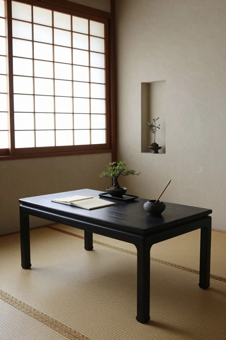 Minimal Japanese room with black table, bonsai, and shoji screen.