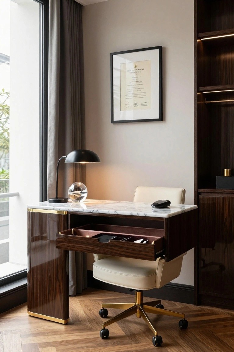 Modern home office with wooden desk topped in white marble and edged in brass, open drawer revealing organizers, black adjustable desk lamp, glass orb decor, white leather chair on gold swivel base, gray curtains on large window, and built-in wood cabinetry.