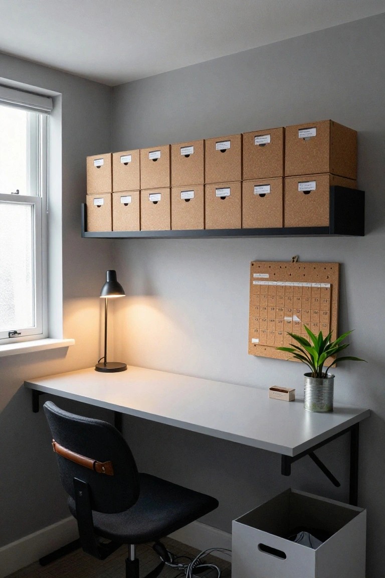 A compact home office featuring a white wall-mounted desk with black chair, black shelf above holding rows of labeled brown cardboard boxes, desk lamp, cork calendar board, potted plant, and white waste bin against gray walls.