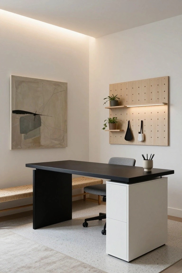 Modern home office featuring a black desk with bench and chair, white pedestal cabinet, light wood pegboard wall with plants, hooks, and LED light, abstract painting, and neutral floor.