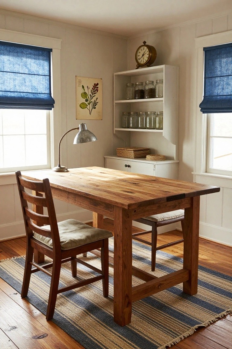 Small home office corner with wooden table desk, two wooden ladderback chairs on cushions, white beadboard walls, blue roman shades on two windows, open shelves holding glass jars, desk lamp, clock, and botanical print.