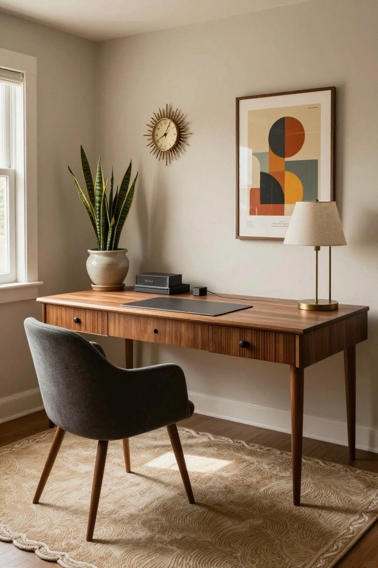 Home office corner with wooden desk topped by a laptop mat and small box, gray upholstered chair, potted snake plant, gold sunburst clock, abstract geometric wall art in wood frame, fabric lamp, and beige rug in light gray room with window.