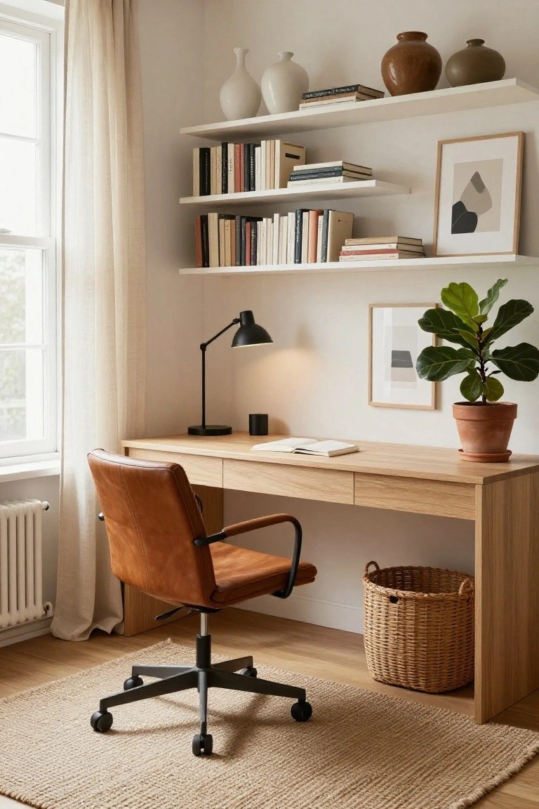 Bright corner home office with light oak desk, tan leather swivel chair on casters, white floating shelves holding books and white ceramic vases, black desk lamp, potted ficus in orange pot, woven basket, and beige seagrass rug.