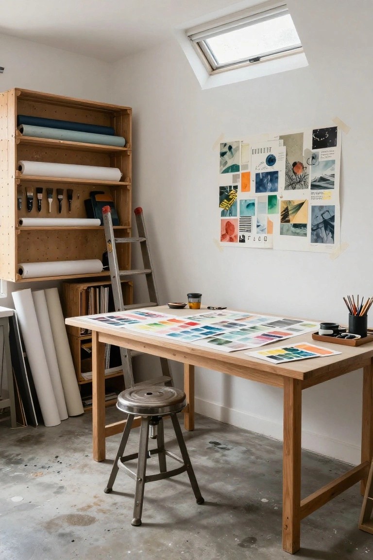 A home artist's studio with wooden open shelves holding rolled paper and brushes, a large wooden table covered in color swatches and paint tools, a wall of pinned artwork prints, a metal stool, ladder, and skylight in a white-walled room on concrete floor.