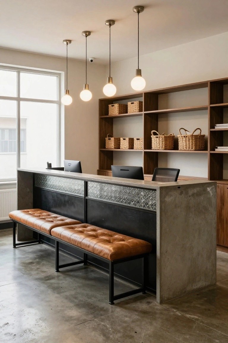 Industrial office reception area with gray concrete countertop desk, two black computer monitors, wooden shelving units holding wicker baskets, tan tufted leather benches on black metal frames in front, four hanging globe pendant lights, large window, and polished concrete floor.