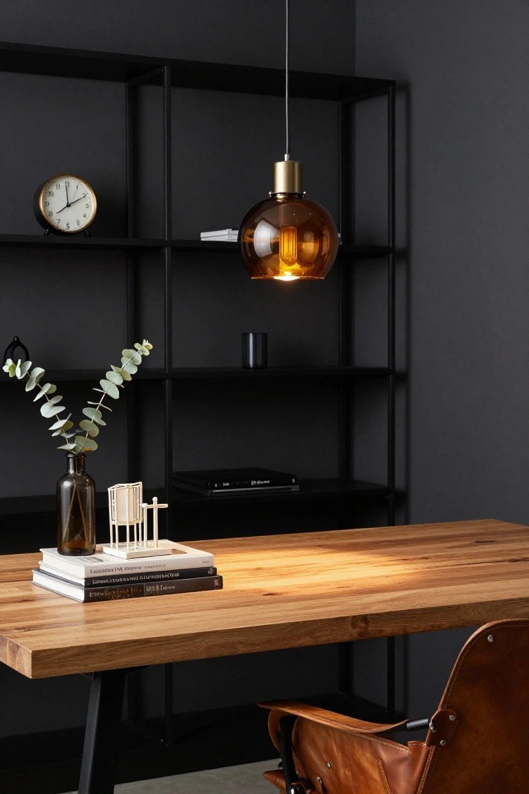 Modern home office with wooden desk, amber pendant light, and black shelves.