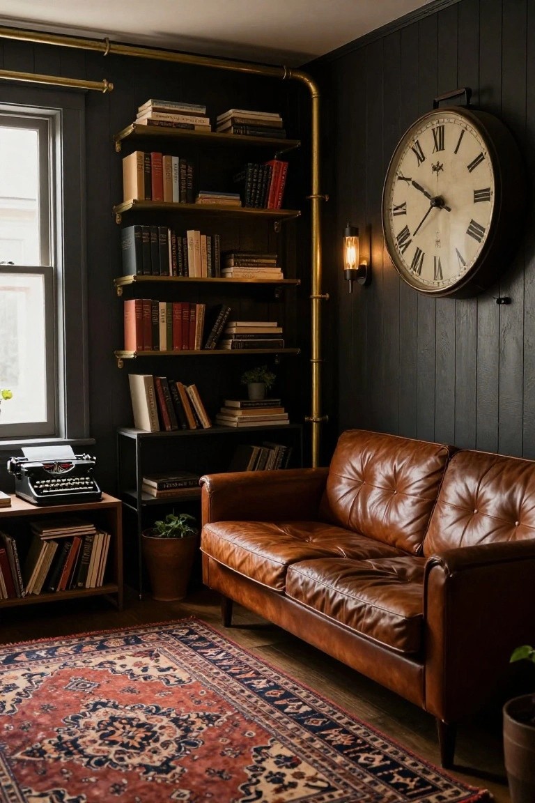 Dark wood-paneled office interior with brass pipes supporting open bookshelves, brown leather sofa, vintage clock on wall, typewriter on side table, plants, and window.