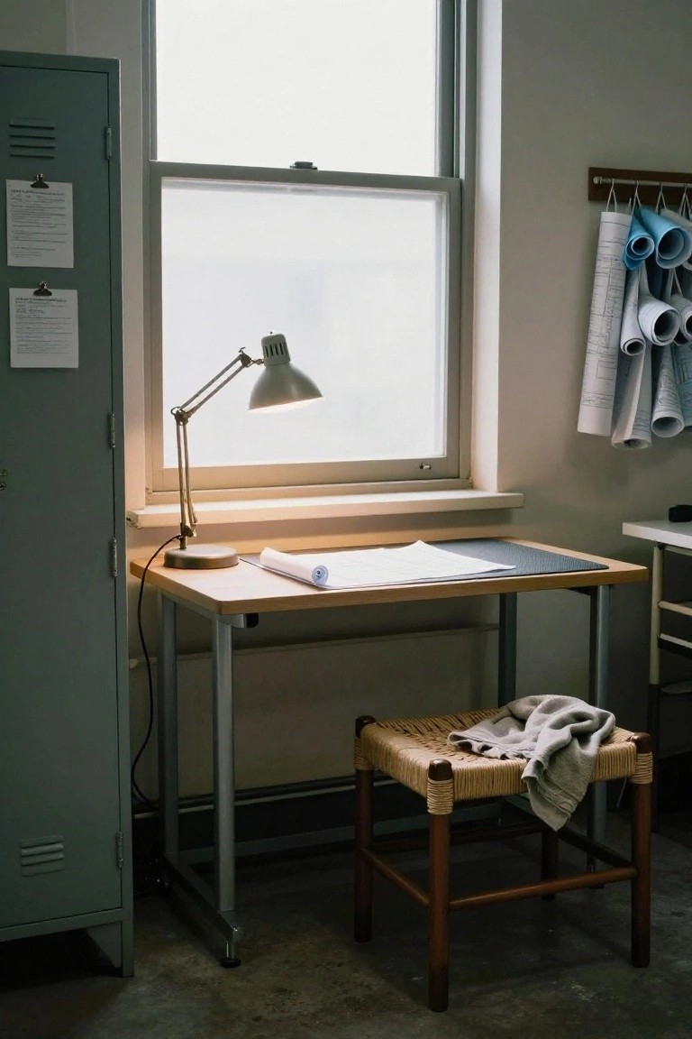 Green metal locker beside a wooden desk with gooseneck lamp, blueprint on desk, hanging blueprints on wall, and rattan stool with towel in a room with frosted window and concrete floor.