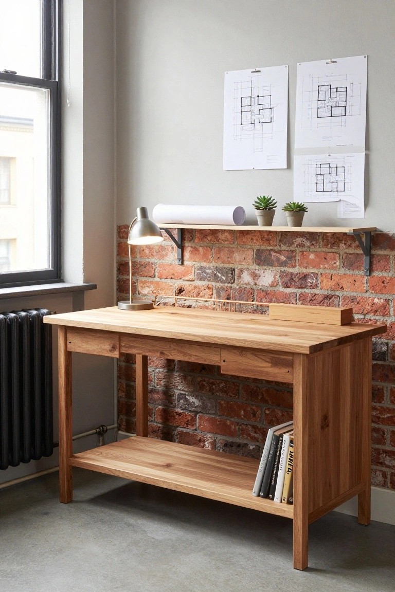Wooden desk with drawers and lower shelf against exposed brick wall in office space with window, radiator, wall lamp, wooden shelf holding plants and rolled paper above, and pinned architectural drawings.