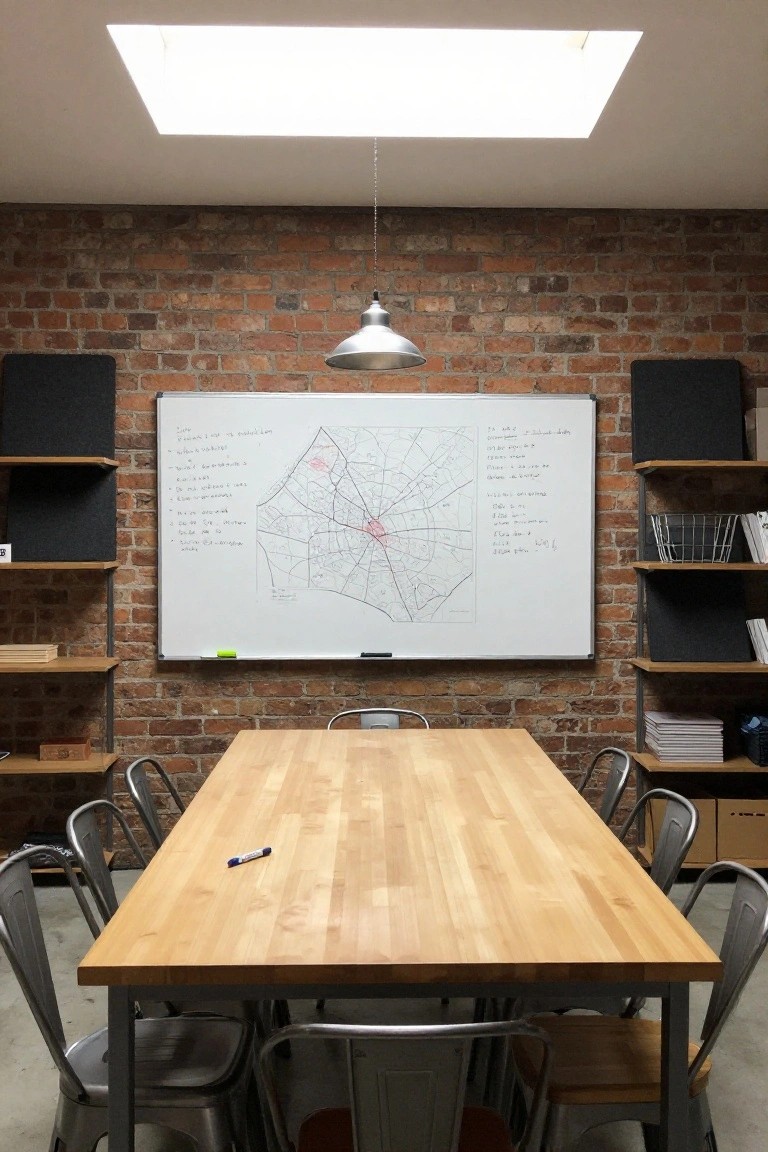 Industrial office interior with exposed red brick walls, large whiteboard displaying a hand-drawn city map, long wooden table with blue marker, multiple metal chairs, wooden shelves with books, pendant light, and skylight overhead.