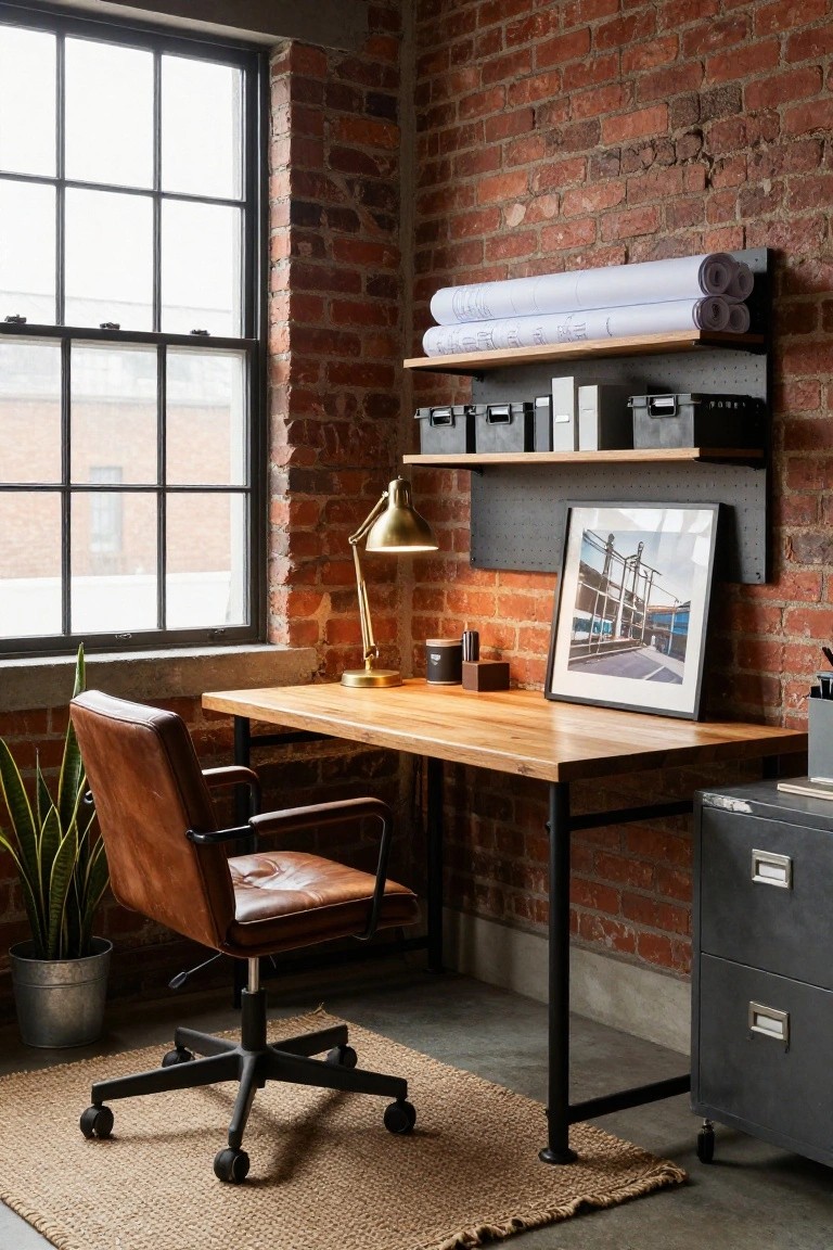 Home office interior with red exposed brick walls, black metal wall-mounted shelves holding rolled blueprints and gray storage bins, light wood desk on black metal legs, brown leather armchair, brass desk lamp, potted snake plant, and gray metal filing cabinet on concrete floor with jute rug.