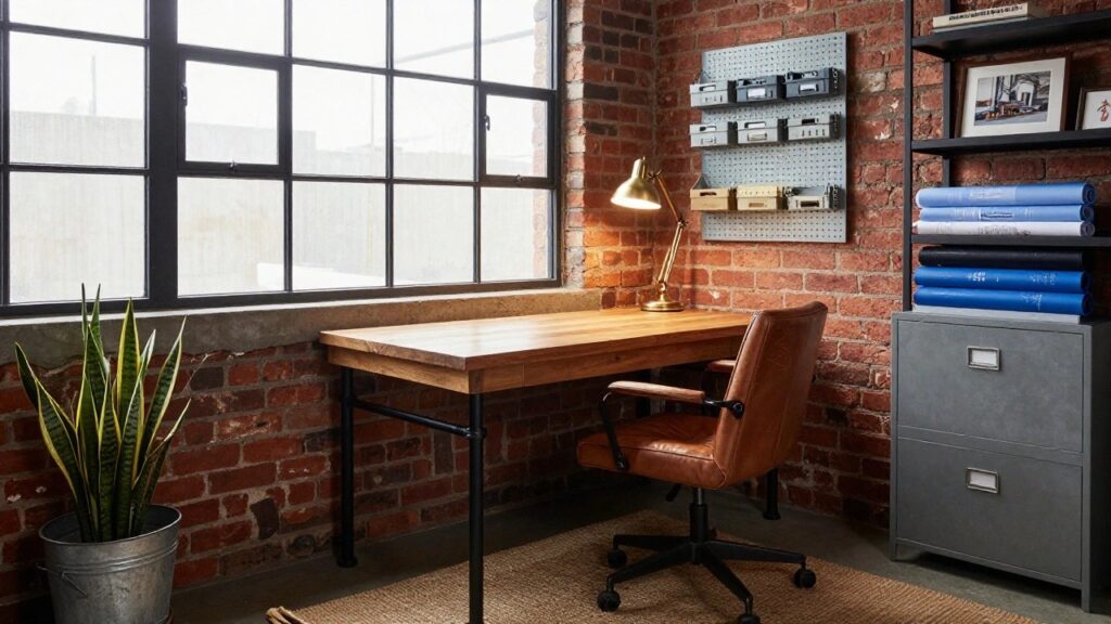 Home office interior with red exposed brick walls, black metal wall-mounted shelves holding rolled blueprints and gray storage bins, light wood desk on black metal legs, brown leather armchair, brass desk lamp, potted snake plant, and gray metal filing cabinet on concrete floor with jute rug.
