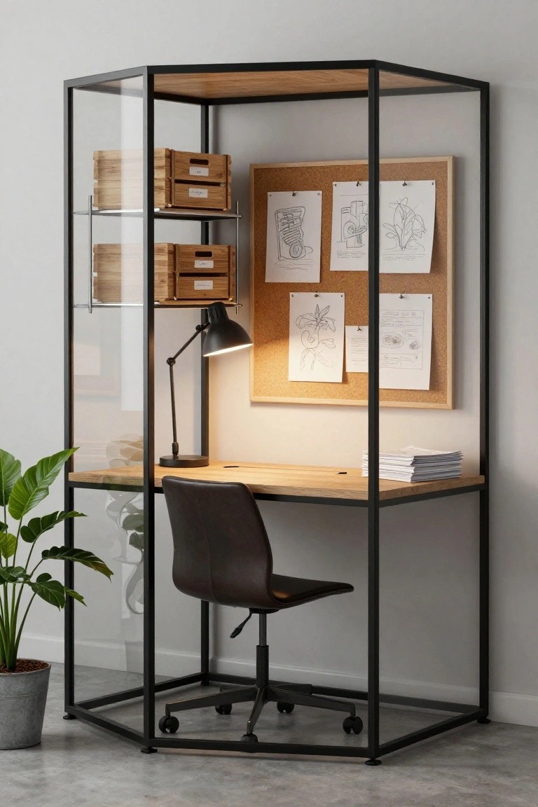 Black metal-framed glass enclosure with wooden desk, leather chair on wheels, adjustable desk lamp, corkboard with pinned drawings, wooden storage boxes on shelves, and potted plant next to it on concrete floor.
