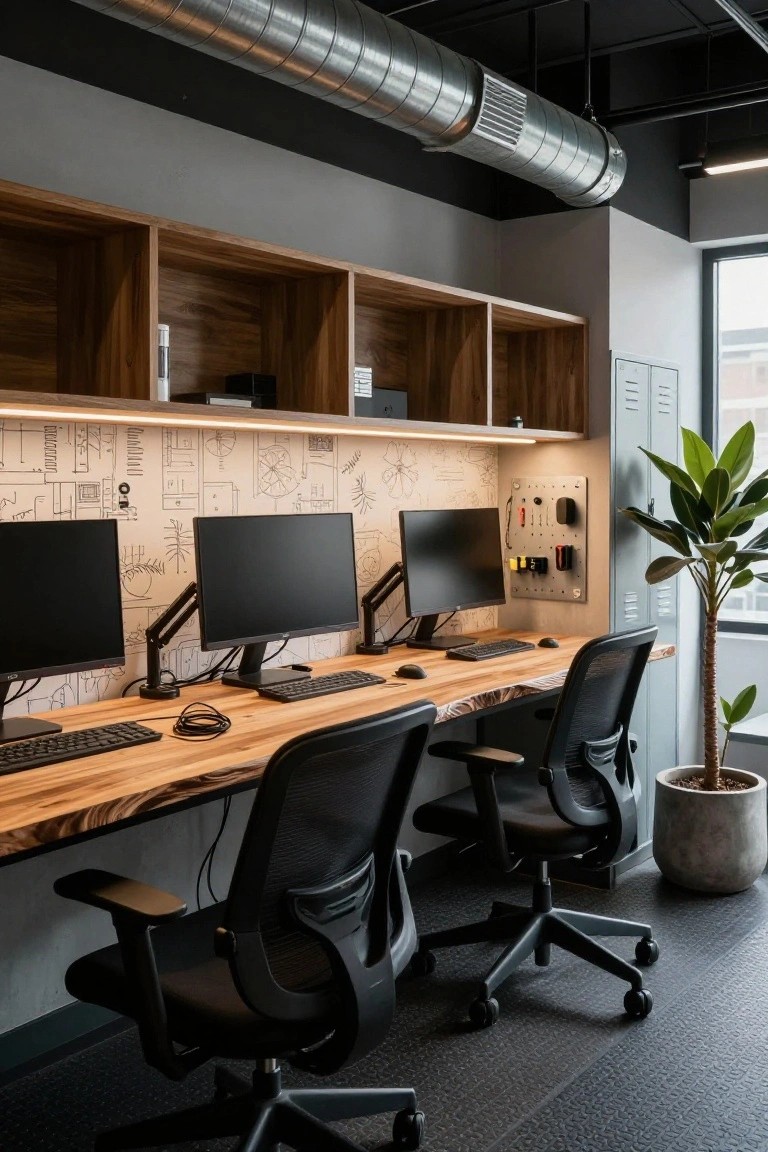 Industrial office with a long live-edge wood desk holding three monitors and keyboards, flanked by black mesh chairs, wooden wall shelves, gray metal lockers, a potted plant, and exposed silver ductwork overhead.