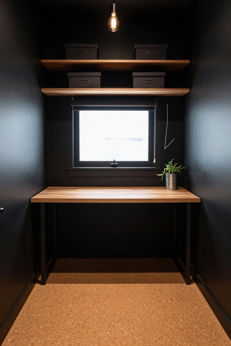 Small home office nook with matte black walls and trim, floating wooden shelves holding black boxes, oak-top desk on black metal legs, roller blind window, potted plant in metal can on desk, hanging Edison bulb light, and cork flooring.