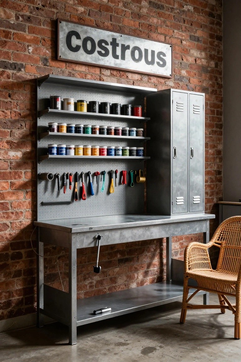 Gray metal workbench against exposed brick wall with upper shelves holding assorted paint cans, pegboard displaying hanging tools and utensils, adjacent metal lockers, a rattan chair, and a sign reading "Costrous" above.
