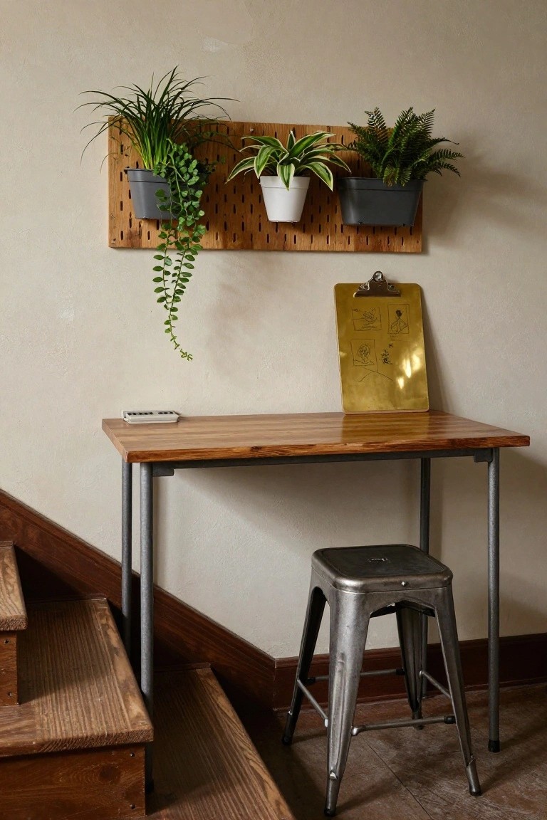 Wooden desk with metal stool, golden clipboard, and wall-mounted plants.