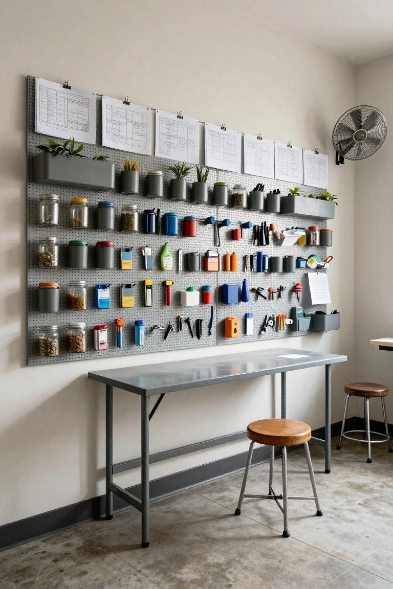 Gray pegboard wall mounted with assorted jars, tools, bins, and plants above a metal workbench and stools in a workshop room.