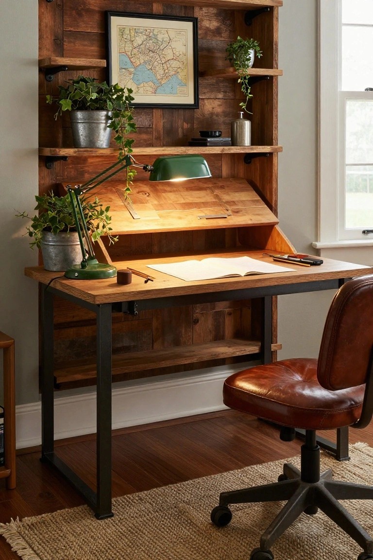 Wall-mounted wooden shelving unit with integrated drop-front desk on black metal legs, green banker's lamp, potted ivy plants, leather swivel chair, and framed map in a home office.