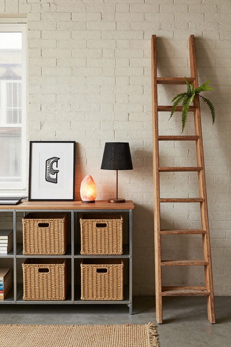 Leaning wooden ladder shelf with potted fern against exposed brick wall in office corner, next to metal shelving unit with wicker baskets, wooden desk, salt lamp, and black shade lamp.