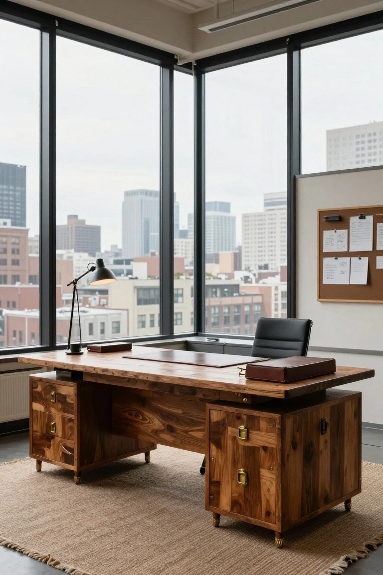 Office interior with large rectangular wooden desk featuring brass hardware and drawers, black leather chair, adjustable black desk lamp, leather box on desk, corkboard on wall, and large windows overlooking city buildings.
