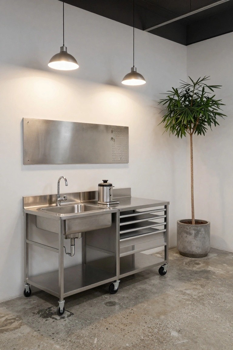 Stainless steel mobile cart with double sinks, faucet, drawers, shelves, and wheels in a white corner room with pendant lights, coffee maker, wall panel, and potted palm tree on concrete floor.