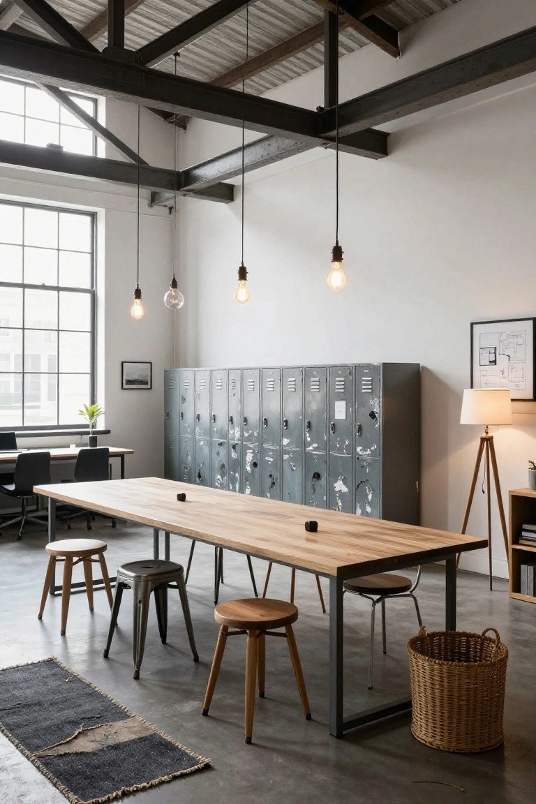 Industrial office space featuring a long wooden table with mixed stools, a row of gray battered metal lockers against a white wall, exposed ceiling beams, pendant lights, and large windows.